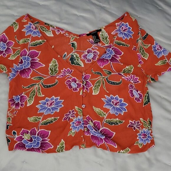 Hawaiian Floral Resprtwear Orange Button Down Semi Crop Top - Picture 5 of 6